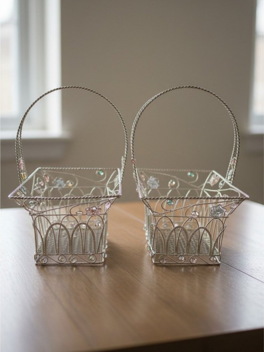 Vintage Set of 2 Silver Wire Floral Baskets Jeweled Wedding Vanity Decor 13 Inch